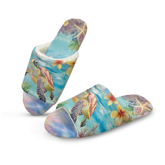 COEQINE Sea Turtle Plumeria Starfish Womens Fluffy Slippers Soft Warm Slippers Indoor House Slides Open Toe Bedroom Sandals Trendy Slip On House Shoes for Home Bedroom Living Room, 44-45