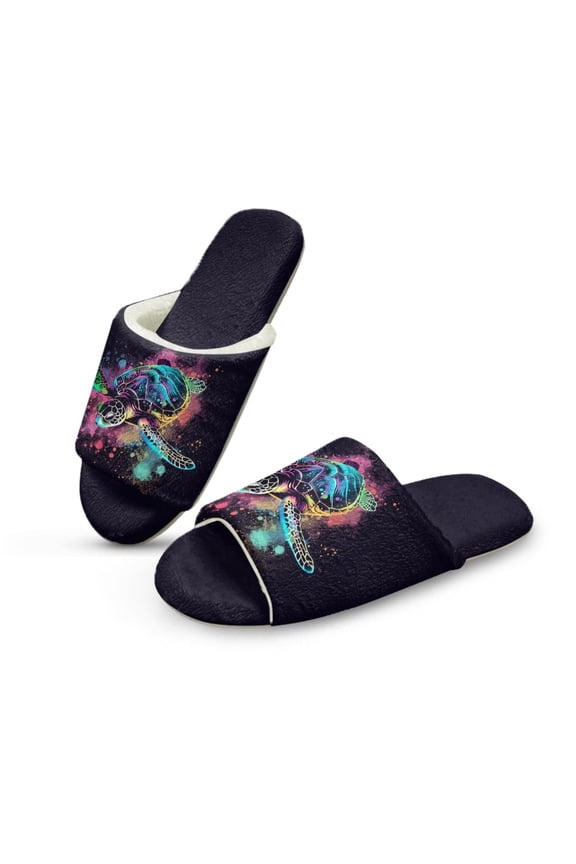 Sea Turtle Splash Slippers for Women Indoor Comfortable Fluffy Slides Cozy Open Toe House Shoes Cute Bedroom Shoes Foldable Spa Slippers for Women Men Guest, 42-43