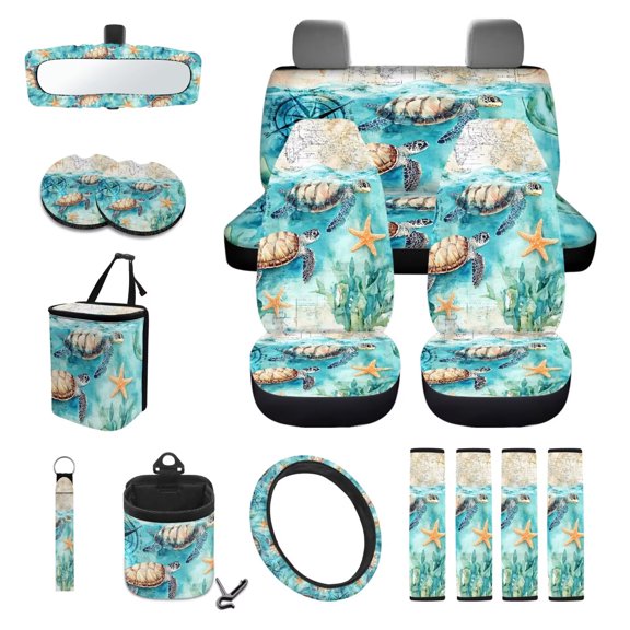 COEQINE Sea Turtle Starfish Compass Car Seat Covers Full Set of 15, Steering Wheel Rearview Mirror Cover Seatbelt Pad Trash Bin Mount Sunglasses Holder Cup Holder Key Chain Auto Accessories
