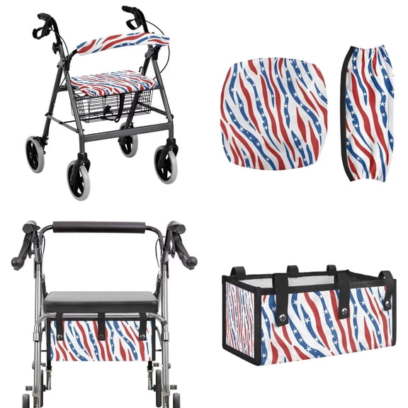 COEQINE Seat and Backrest Covers for Rollator Walkers with Large Under Seat Bag, Lightweight Mobility Accessory Protector Decor for Older Elderly Gifts, American Flag Zebra Print