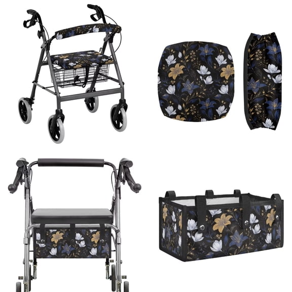COEQINE Seat and Backrest Covers for Rollator Walkers with Large Under Seat Bag, Lightweight Mobility Accessory Protector Decor for Older Elderly Gifts, Magnolia Floral Dark Blue