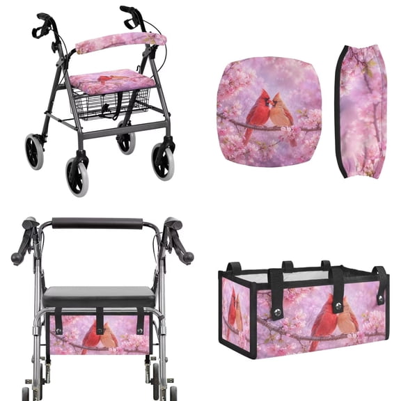 COEQINE Seat and Backrest Covers for Rollator Walkers with Never Tipping Over Under Seat Bag, Mobility Accessory Protective Decor for Older Elderly Gifts, Cardinal Bird Cherry Blossom