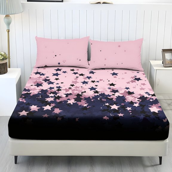 COEQINE Sheet Full Size Cozy Bedding Fitted Sheet Breathable Snug Fit All Around Elastic Fitted Bottom Bedsheet Holiday Bed Set 3 Pieces Set, Dreamy Star