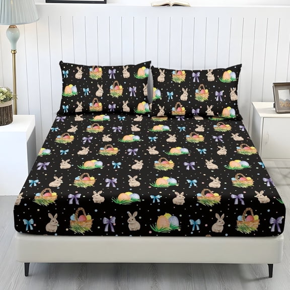 COEQINE Sheet Full Size Cozy Bedding Fitted Sheet Breathable Snug Fit All Around Elastic Fitted Bottom Bedsheet Holiday Bed Set 3 Pieces Set, Easter Bunny Egg Bow Black