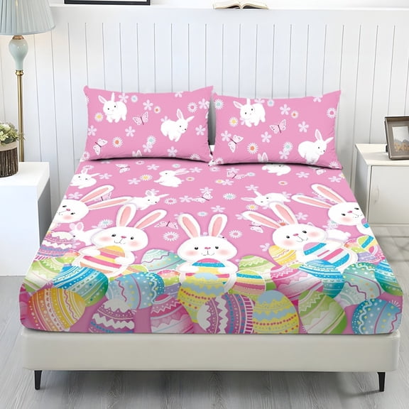COEQINE Sheet Full Size Cozy Bedding Fitted Sheet Breathable Snug Fit All Around Elastic Fitted Bottom Bedsheet Holiday Bed Set 3 Pieces Set, Easter Bunny Egg Butterfly Pink