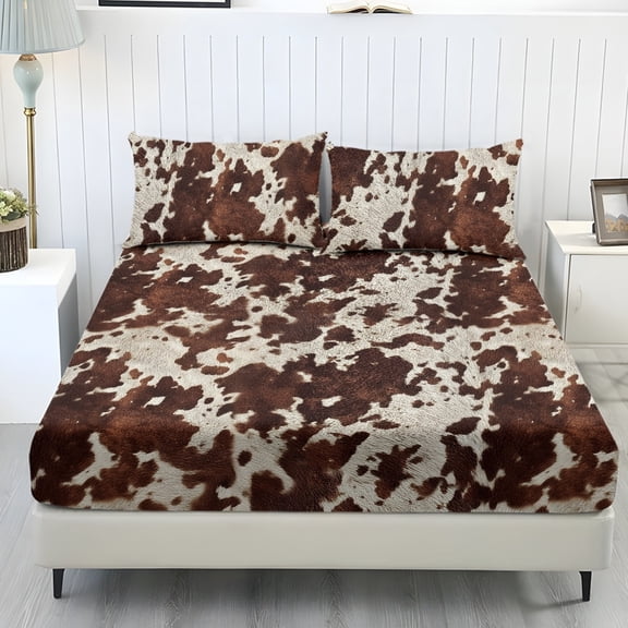 COEQINE Sheet Full Size Cozy Bedding Fitted Sheet Breathable Snug Fit All Around Elastic Fitted Bottom Bedsheet Holiday Bed Set 3 Pieces Set, Retro Cow Print