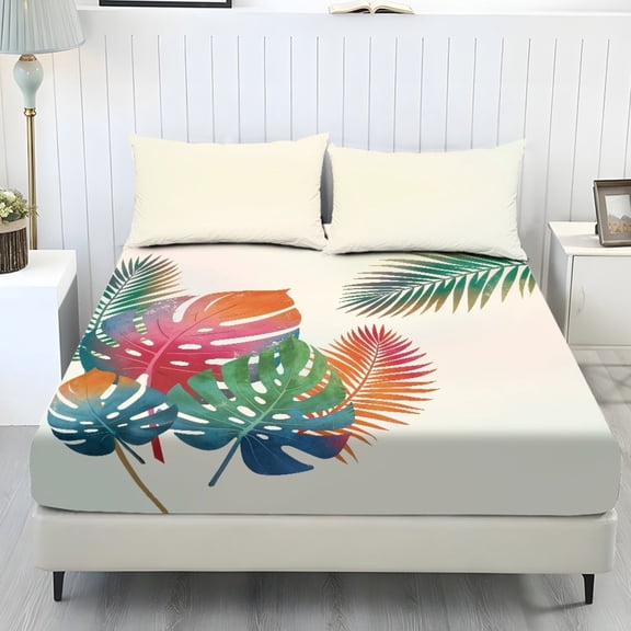 COEQINE Sheet Full Size Cozy Bedding Fitted Sheet Breathable Snug Fit All Around Elastic Fitted Bottom Bedsheet Holiday Bed Set 3 Pieces Set, Tropical Monstera Palm Beige