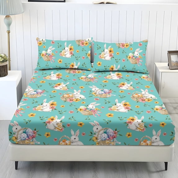 COEQINE Sheet Full Size Set 3 Pieces, Includes Bedding Sheets & Pillowcases, All Around Elastic Fitted Deep Pocket All Season, Easter Rabbit Egg Flower Basket Turquoise