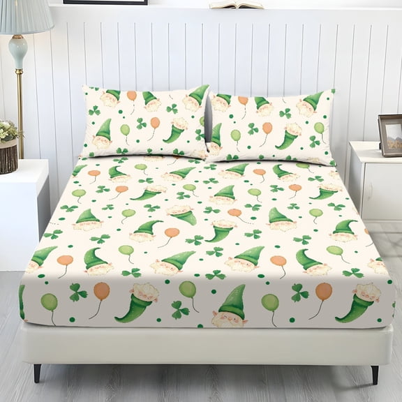 COEQINE Sheet Full Size Set 3 Pieces, Includes Bedding Sheets & Pillowcases, All Around Elastic Fitted Deep Pocket All Season for Women Men for St. Patrick's Day Decor, Gnome Clover Balloon