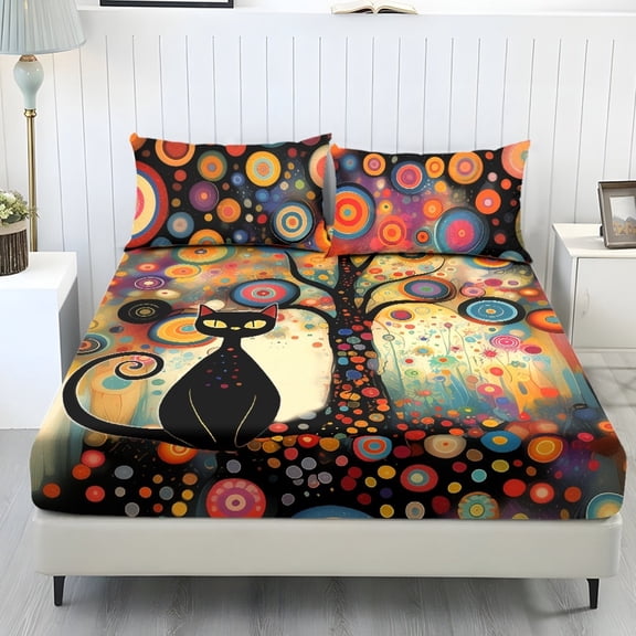 COEQINE Sheet Full Size Soft Breathable Fitted Sheet with 2 Pillowcases, Wrinkle Free Fade Resistant Easy Care Bedsheet for Full Size Bed, Artistic Circle Tree Black Cat