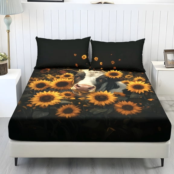 COEQINE Sheet King Size Set 3 Pieces, Includes Bedding Sheets & Pillowcases, All Around Elastic Fitted Deep Pocket All Season for Women, Men, Cow Sunflower Black