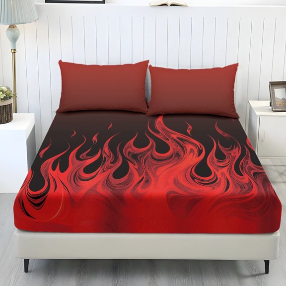 COEQINE Sheet King Size Set 3 Pieces, Includes Bedding Sheets & Pillowcases, All Around Elastic Fitted Deep Pocket All Season for Women, Men, Red Fire Flame