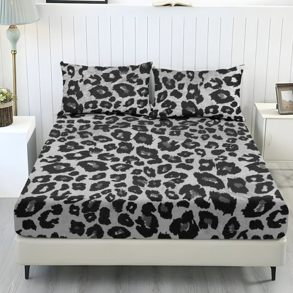 COEQINE Sheet King Size Soft Breathable Fitted Sheet with 2 Pillowcases, Wrinkle Free Fade Resistant Easy Care Bedsheet for for King Size Bed, Gray Leopard Print