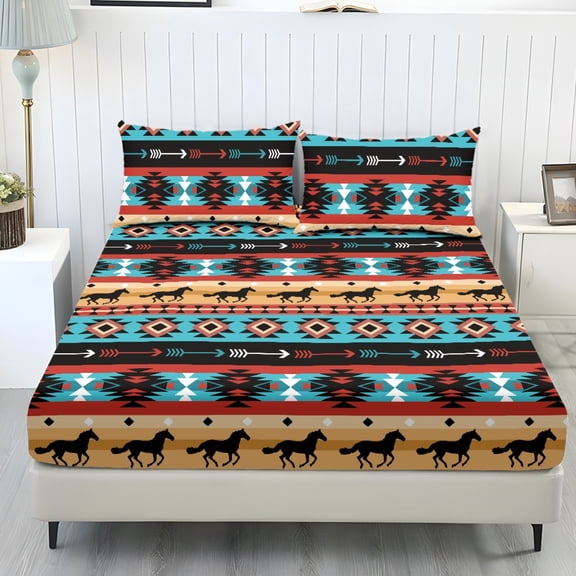 COEQINE Sheet Queen Size Cozy Bedding Fitted Sheet Breathable Snug Fit All Around Elastic Fitted Bottom Bedsheet Holiday Bed Set 3 Pieces Set, Southwest American Tribal Horse Arrow