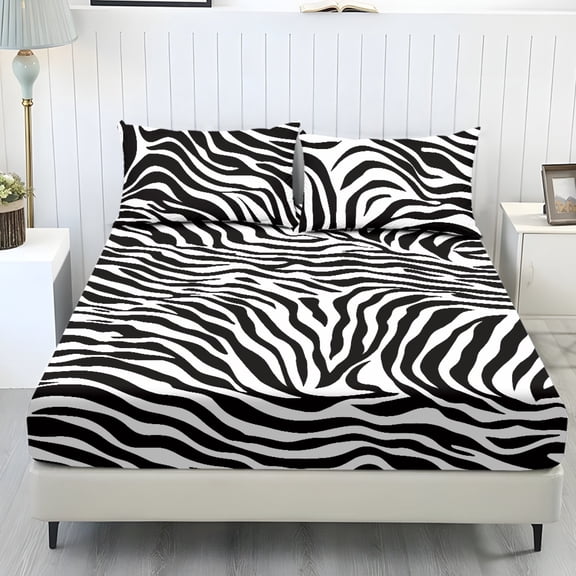 COEQINE Sheet Set Full Size Breathable Fitted Bottom Sheet Soft Stain-Resistant Long Lasting Bedding Set with Deep Pockets for Full Size Bed, Zebra Print