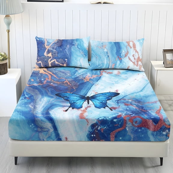 COEQINE Sheet Set Full Size Fitted Bed Sheet Comfy Easy Care Fade Resistant Bedsheet & Pillowcases with All Around Elastic for Home Decoration, Blue Butterfly Marble