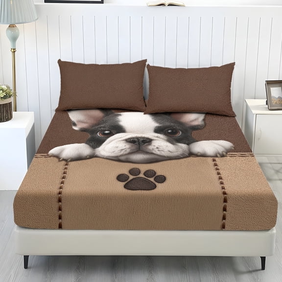 COEQINE Sheet Set Full Size Fitted Bed Sheet Comfy Easy Care Fade Resistant Bedsheet & Pillowcases with All Around Elastic for Home Decoration, Boston Terrier Paw Brown