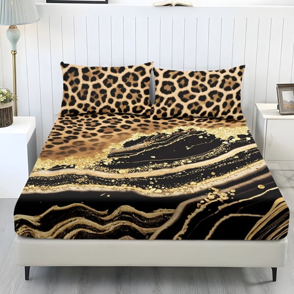 COEQINE Sheet Set Full Size Fitted Bed Sheet Comfy Easy Care Fade Resistant Bedsheet & Pillowcases with All Around Elastic for Home Decoration, Leopard Print Black Marble