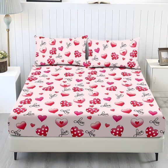 COEQINE Sheet Set Full Size Fitted Bed Sheet Comfy Easy Care Fade Resistant Bedsheet & Pillowcases with All Around Elastic for Valentine's Day Home Decoration, Polka Dot Heart Love