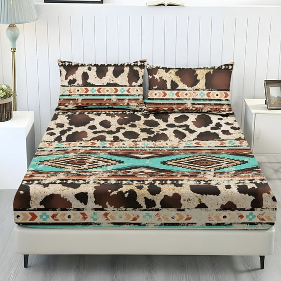 COEQINE Sheet Set Full Size Fitted Bed Sheet Wrinkle Free Fade Resistant Bedding Set for Women Men, All Season Home Decor for Full Size Bed, American Tribal Cow Print Vintage