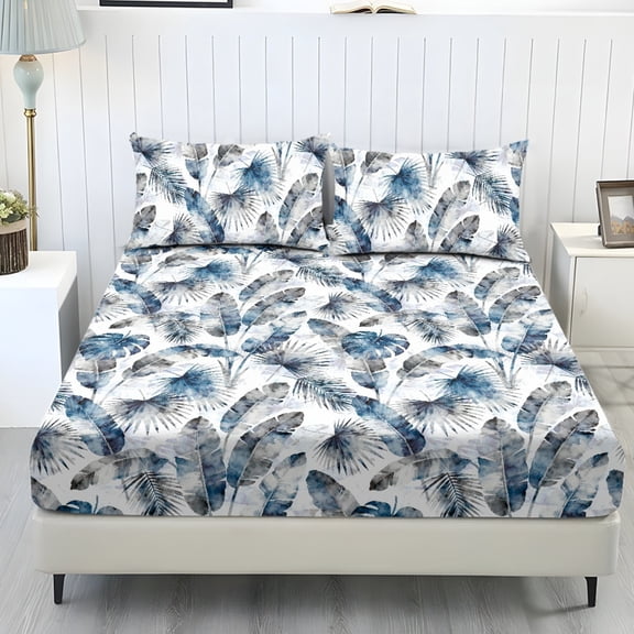 COEQINE Sheet Set Full Size Fitted Bed Sheet Wrinkle Free Fade Resistant Bedding Set for Women Men, All Season Home Decor for Full Size Bed, Watercolor Monstera Palm Banana Leaf