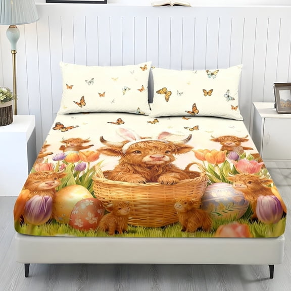 COEQINE Sheet Set King Size Comfort Soft Fitted Bottom Sheet Stain-Resistant Long Lasting Bedding Set with Deep Pockets for King Size Bed, Easter Highland Cow Bunny Ears Egg Butterfly