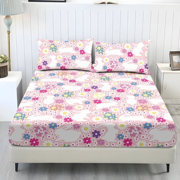 COEQINE Sheet Set King Size Fitted Bed Sheet Wrinkle Free Fade Resistant Bedding Set for Women Men, All Season Home Decor for King Size Bed, Easter Bunny Hippie Flower Pink