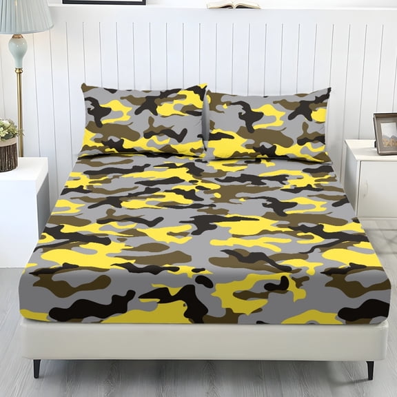 COEQINE Sheet Set Queen Size Comfort Soft Camo Yellow Fitted Bottom Sheet Stain-Resistant Long Lasting Bedding Set with Deep Pockets for Queen Size Bed, Camouflage Yellow Gray
