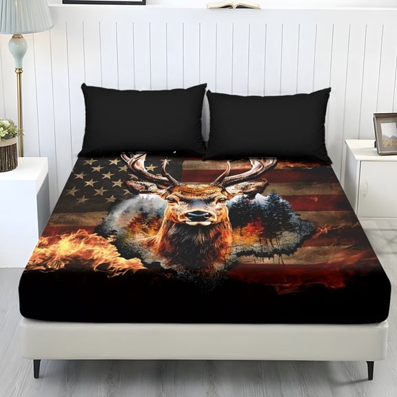 COEQINE Sheet Set Queen Size Comfort Soft Fitted Bottom Sheet Stain-Resistant Long Lasting Bedding Set with Deep Pockets for Queen Size Bed, Deer American Flag Flame