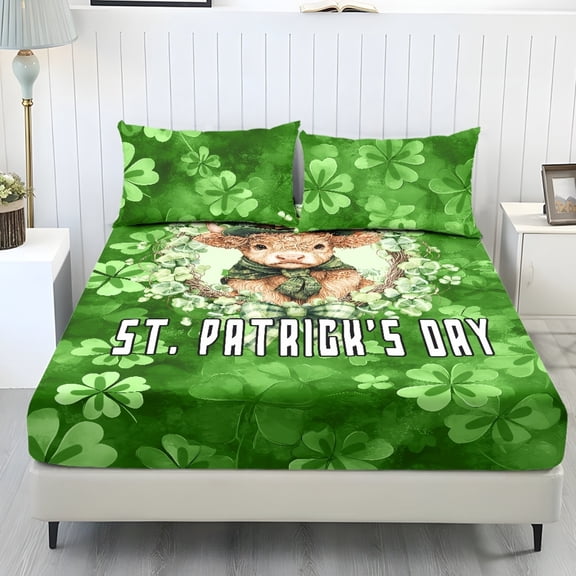 COEQINE Sheet Set Queen Size Fitted Bed Sheet Wrinkle Free Fade Resistant Bedding Set for Women Men, All Season for Queen Size Bed for St. Patrick's Day Decor, Leprechaun Hat Highland Cow Clover