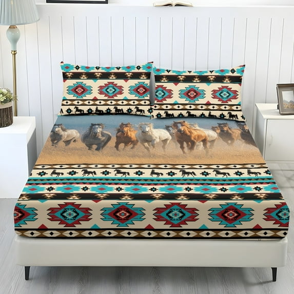 COEQINE Sheet Set Queen Size Fitted Sheet Cozy Wrinkle Free Fade Resistant Bedding Set for Women Men, Deep Pockets Home Decor for Queen Size Bed, Southwest American Tribal Horse