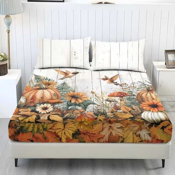 COEQINE Sheet Set Twin Size Breathable Fitted Bottom Sheet Soft Stain-Resistant Long Lasting Bedding Set with Deep Pockets for Fall Autumn Decor, Fall Hummingbird Wood Grain
