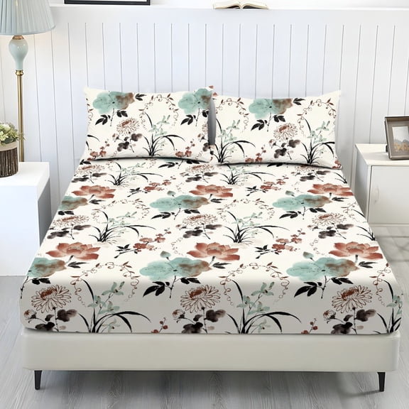 COEQINE Sheet Set Twin Size Breathable Fitted Bottom Sheet Soft Stain-Resistant Long Lasting Bedding Set with Deep Pockets for Twin Size Bed, Chinese Ink Lotus Floral