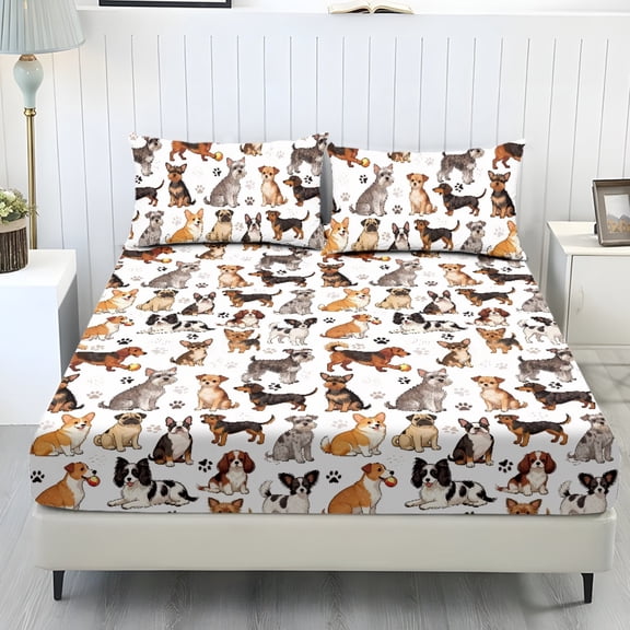 COEQINE Sheet Set Twin Size Breathable Fitted Bottom Sheet Soft Stain-Resistant Long Lasting Bedding Set with Deep Pockets for Twin Size Bed, Cute Dog Paw