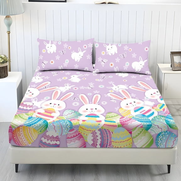 COEQINE Sheet Set Twin Size Breathable Fitted Bottom Sheet Soft Stain-Resistant Long Lasting Bedding Set with Deep Pockets for Twin Size Bed, Easter Bunny Egg Butterfly Violet