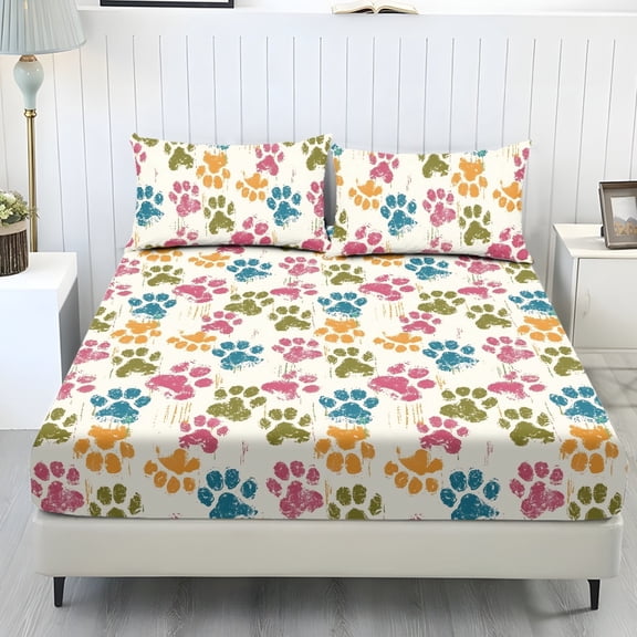 COEQINE Sheet Set Twin Size Breathable Fitted Bottom Sheet Soft Stain-Resistant Long Lasting Bedding Set with Deep Pockets for Twin Size Bed, Retro Paw Print