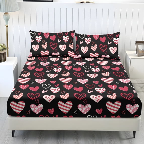 COEQINE Sheet Set Twin Size Breathable Fitted Bottom Sheet Soft Stain-Resistant Long Lasting Bedding Set with Deep Pockets for Twin Size Bed for Valentine's Day Decor, Fashion Heart Pink Black
