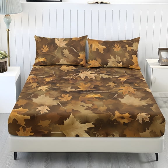 COEQINE Sheet Set Twin Size Comfort Soft Fitted Bottom Sheet Stain-Resistant Long Lasting Bedding Set with Deep Pockets for Twin Size Bed, Camo Hunting Forest Leaf Brown