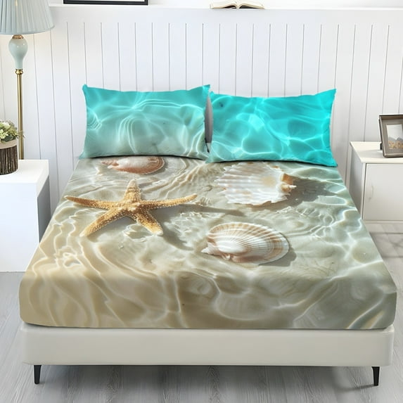 COEQINE Sheet Set Twin Size Fitted Sheet Cozy Wrinkle Free Fade Resistant Bedding Set for Women Men, Deep Pockets Home Decor for Twin Size Bed, Beach Starfish Shell