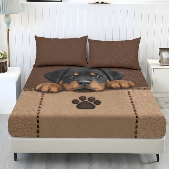 COEQINE Sheet Set Twin Size Fitted Sheet Cozy Wrinkle Free Fade Resistant Bedding Set for Women Men, Deep Pockets Home Decor for Twin Size Bed, Rottweiler Paw Brown