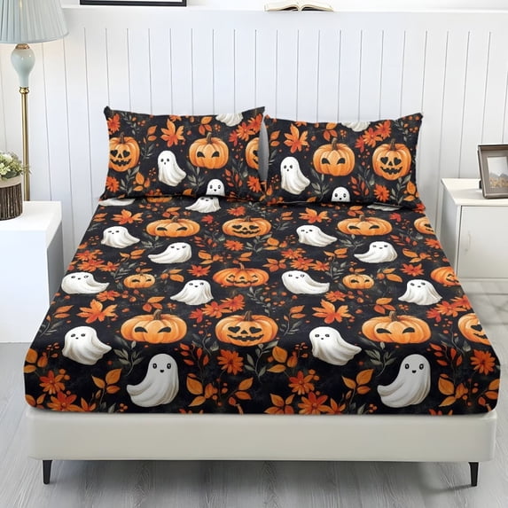 COEQINE Sheet Set Twin XL Size Breathable Fitted Bottom Sheet Soft Stain-Resistant Long Lasting Bedding Set with Deep Pockets for Halloween Fall Decor, Fall Ghost Pumpkin Maple Leaf