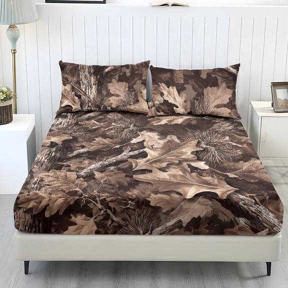 COEQINE Sheet Set Twin XL Size Breathable Fitted Bottom Sheet Soft Stain-Resistant Long Lasting Bedding Set with Deep Pockets for Twin XL Size Bed, Camo Hunting Forest Leaf