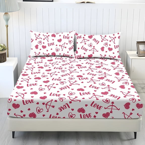 COEQINE Sheet Set Twin XL Size Comfort Soft Fitted Bottom Sheet Stain-Resistant Long Lasting Bedding Set with Deep Pockets for Twin XL Size Bed for Valentine's Day Decor, Love Heart Cupid Bow Arrow