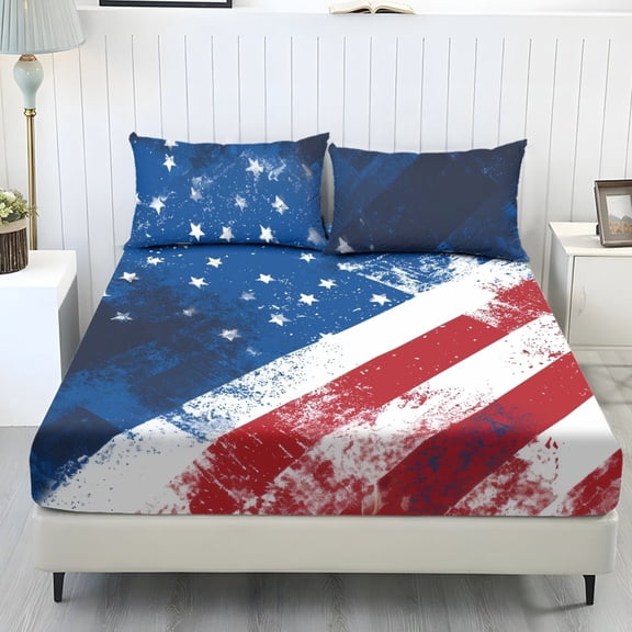 COEQINE Sheet Twin Size Set 3 Pieces, Includes Bedding Sheets & Pillowcases, All Around Elastic Fitted Deep Pocket All Season for Women, Men, Vintage American Flag