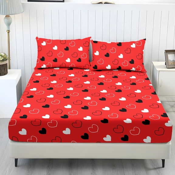 COEQINE Sheet Twin Size Set 3 Pieces, Includes Bedding Sheets & Pillowcases, All Around Elastic Fitted Deep Pocket All Season for Women for Valentine's Day Decor, Heart Red Black White
