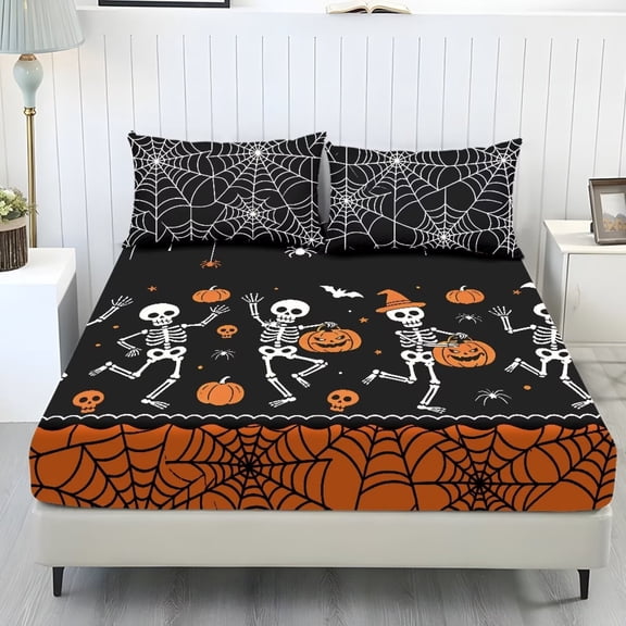 COEQINE Sheet Twin Size Soft Breathable Fitted Sheet with 2 Pillowcases, Wrinkle Free Fade Resistant Easy Care Bedsheet for Halloween Home Decor, Funny Skeleton Pumpkin Cobweb