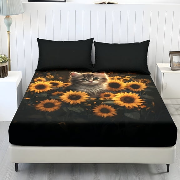 COEQINE Sheet Twin Size Soft Breathable Fitted Sheet with 2 Pillowcases, Wrinkle Free Fade Resistant Easy Care Bedsheet for Twin Size Bed, Cat Sunflower Black