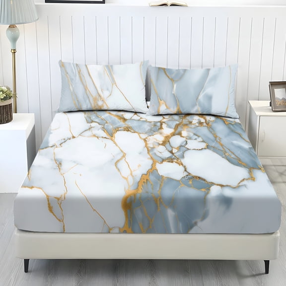 COEQINE Sheet Twin Size Soft Breathable Fitted Sheet with 2 Pillowcases, Wrinkle Free Fade Resistant Easy Care Bedsheet for for Twin Size Bed, Marble Gray Gold