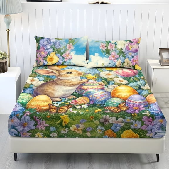 COEQINE Sheet Twin Size Soft Breathable Fitted Sheet with 2 Pillowcases, Wrinkle Free Fade Resistant Easy Care Bedsheet for for Twin Size Bed, Vintage Bunny Egg Floral