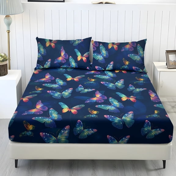 COEQINE Sheet Twin XL Size Cozy Bedding Fitted Sheet Breathable Snug Fit All Around Elastic Fitted Bottom Bedsheet Holiday Bed Set 3 Pieces Set, Butterfly Dark Blue